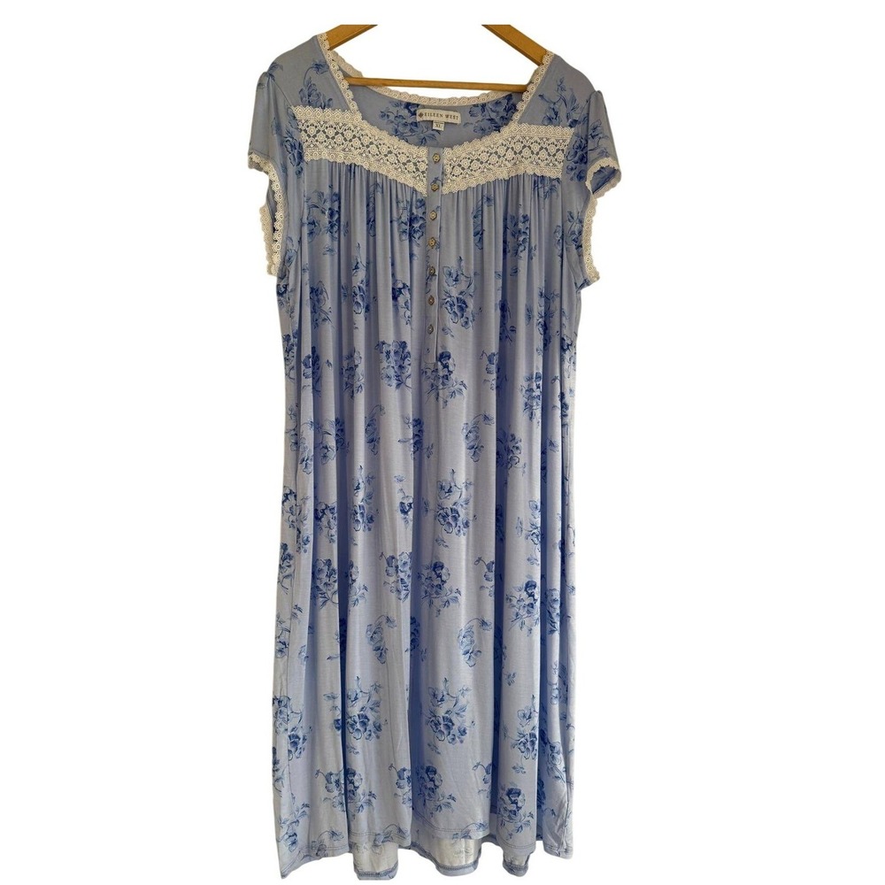 Eileen West Blue Floral Modal Lace Trim Nightgown Sleepwear Womens XL Sleeveless